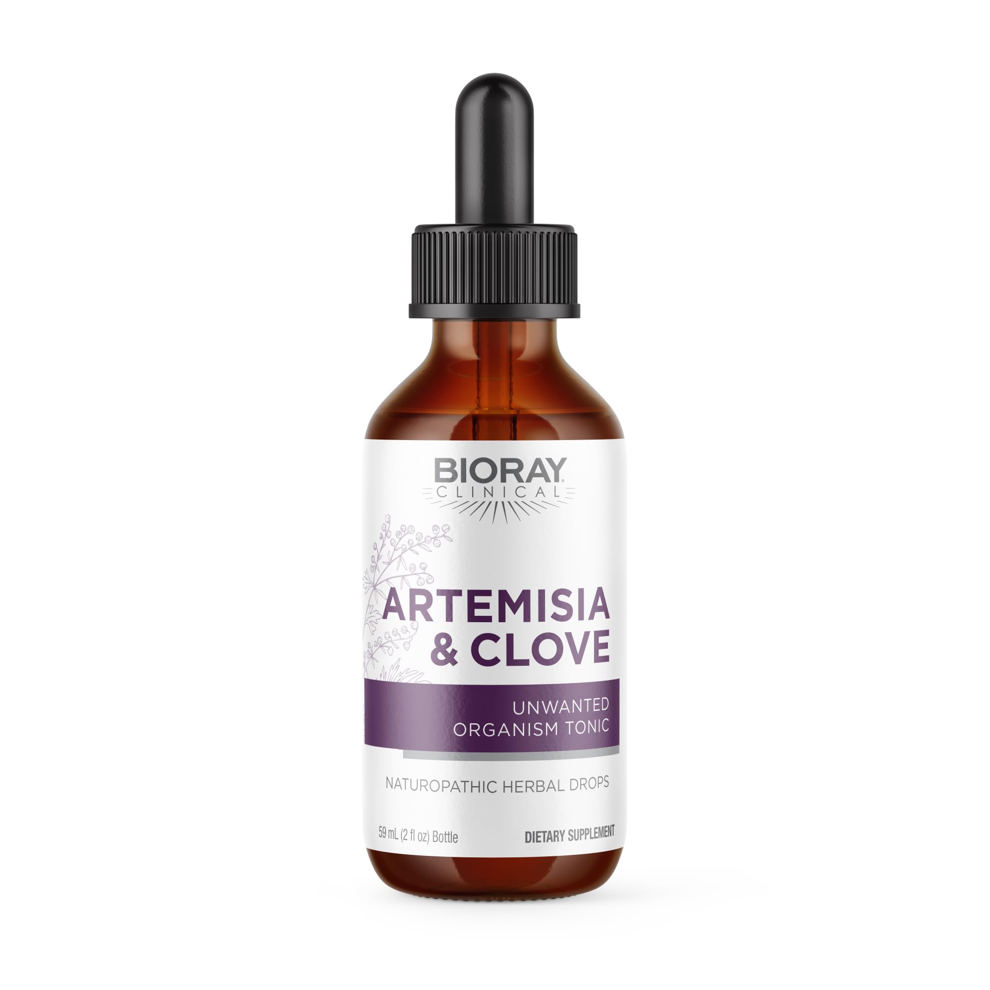 BIORAY Artemisia & Clove bottle pour shows a soothing herbal tincture for daily support