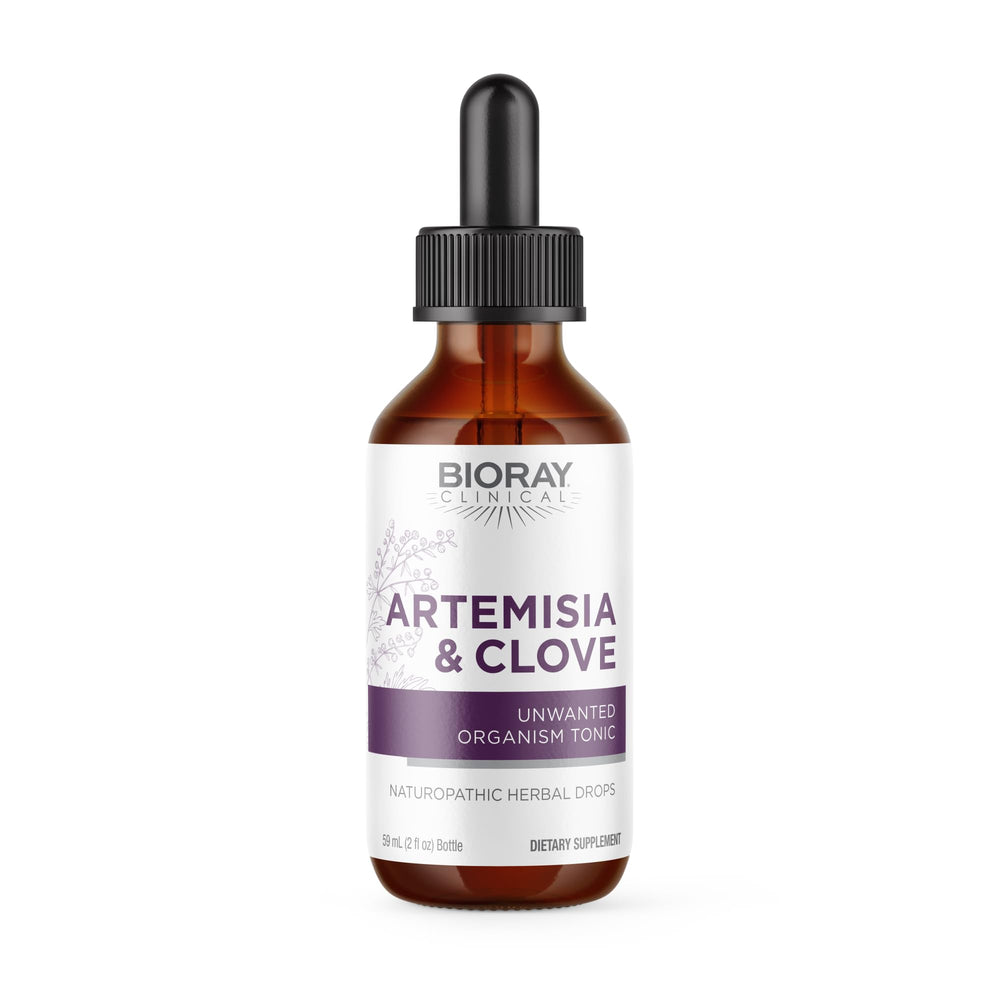 BIORAY Artemisia & Clove bottle pour shows a soothing herbal tincture for daily support