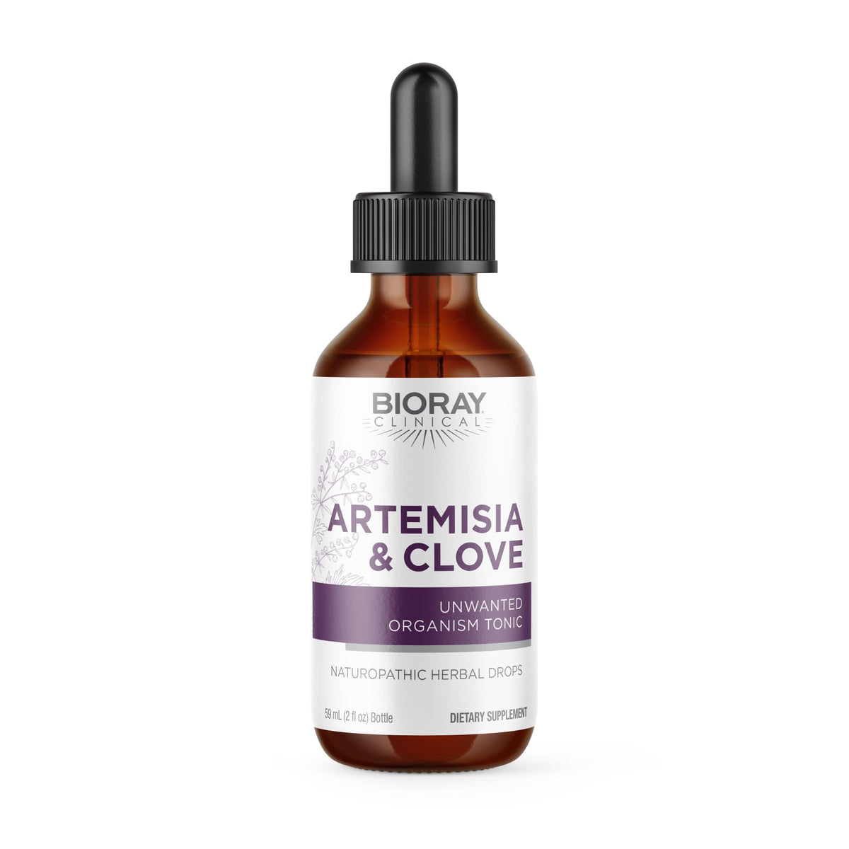 BIORAY Artemisia & Clove bottle pour shows a soothing herbal tincture for daily support