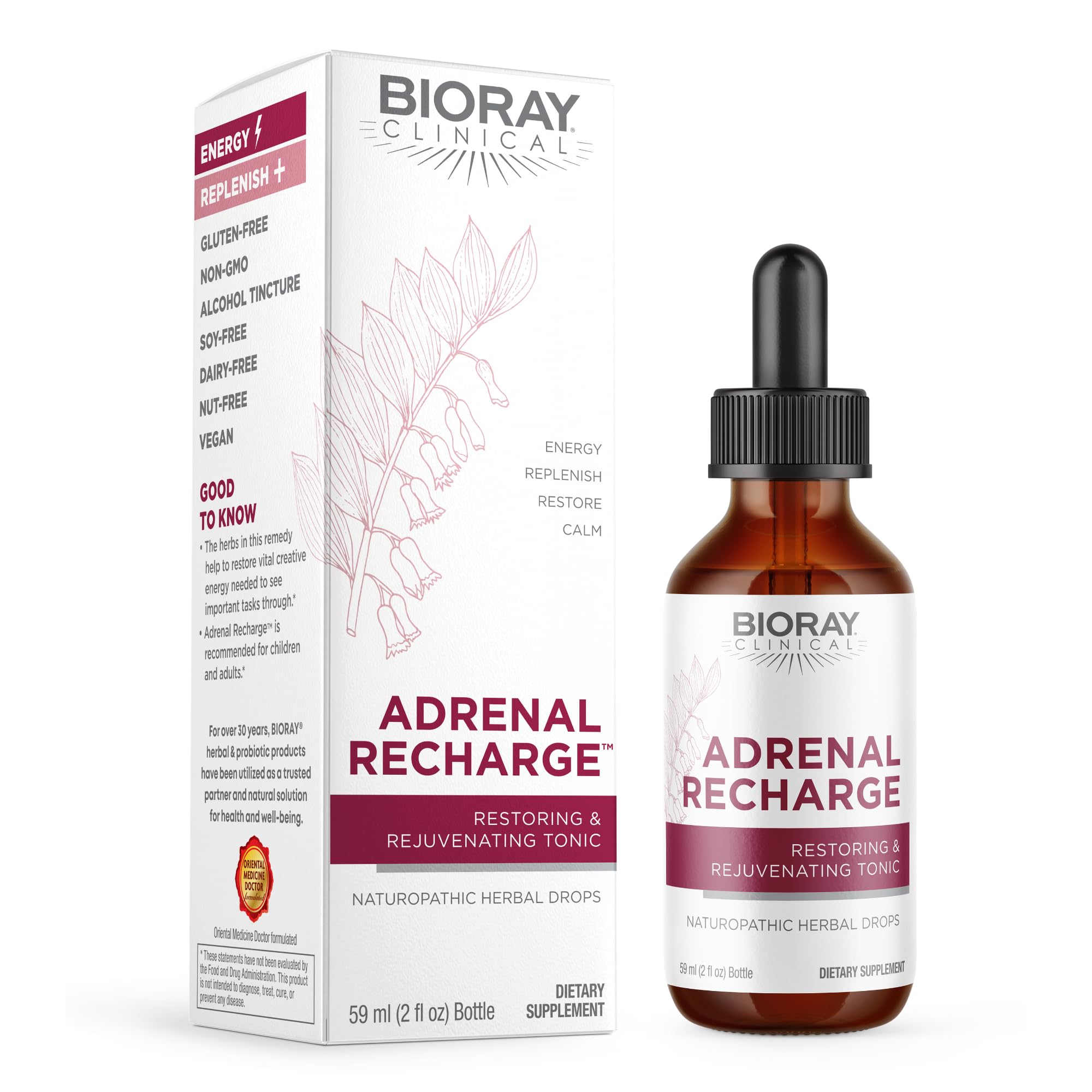 BIORAY Clinical Adrenal Recharge bottle on a counter, suggesting a calming energy boost