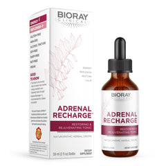 BIORAY Clinical Adrenal Recharge bottle on a counter, suggesting a calming energy boost