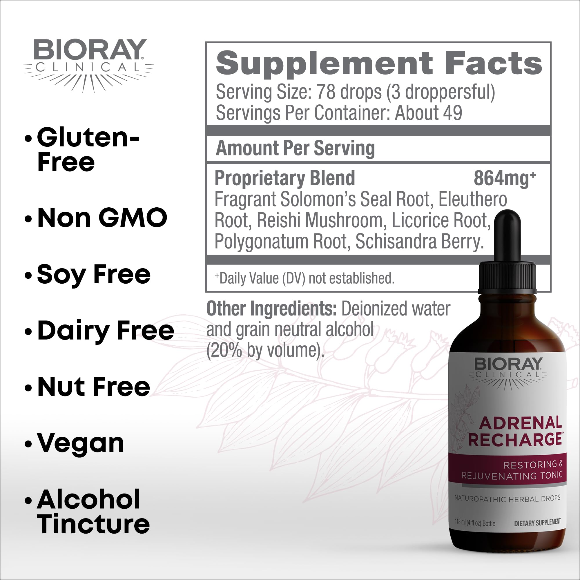 BIORAY Adrenal Recharge drops ready to mix into water for daily use.