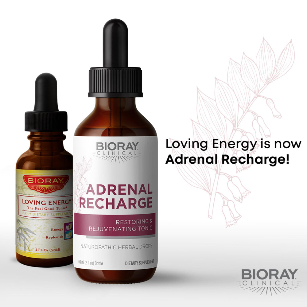 BIORAY Adrenal Recharge label close-up highlighting vegan, non-GMO formula.