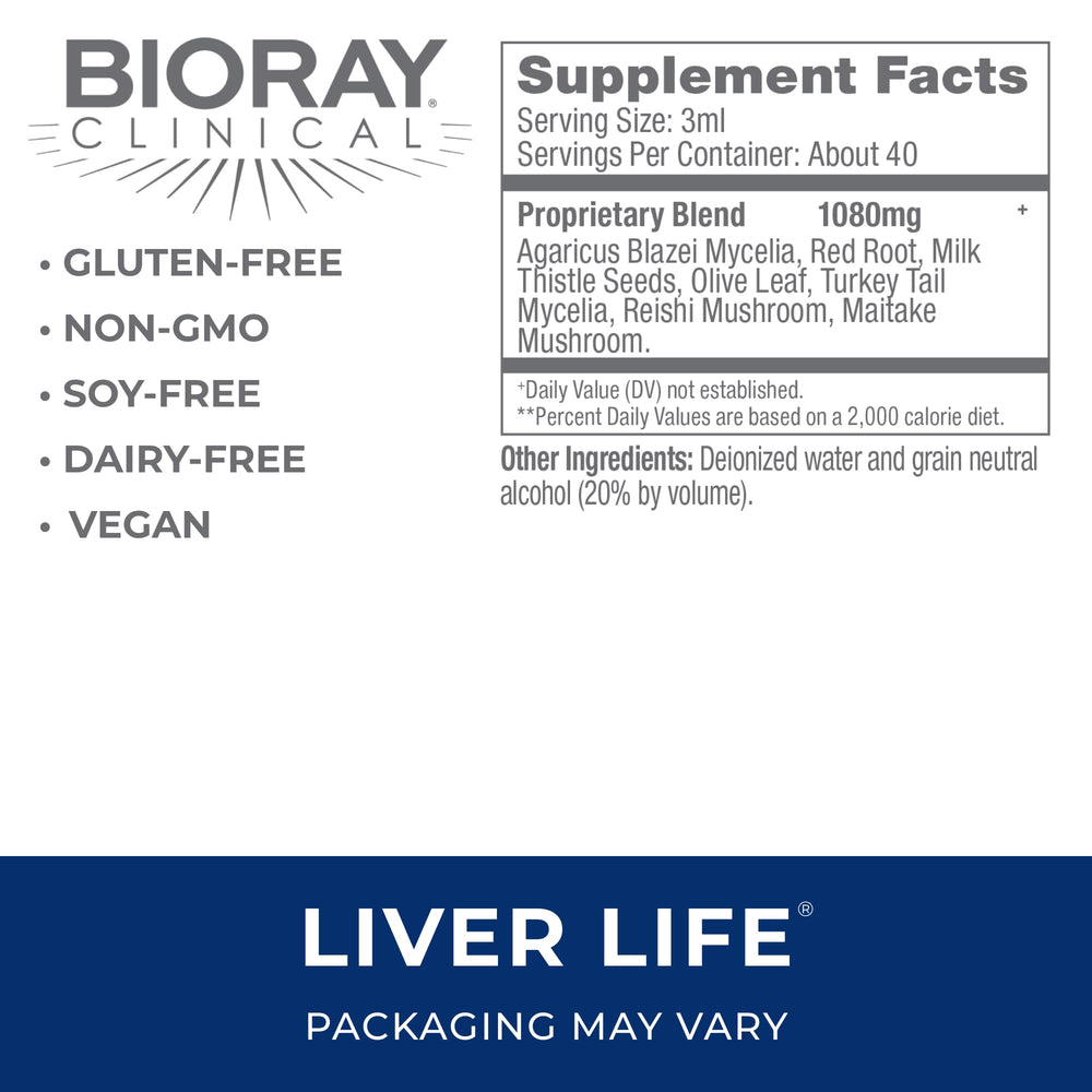 BIORAY Clinical Liver Life tincture droplets for daily dosing and liver support.