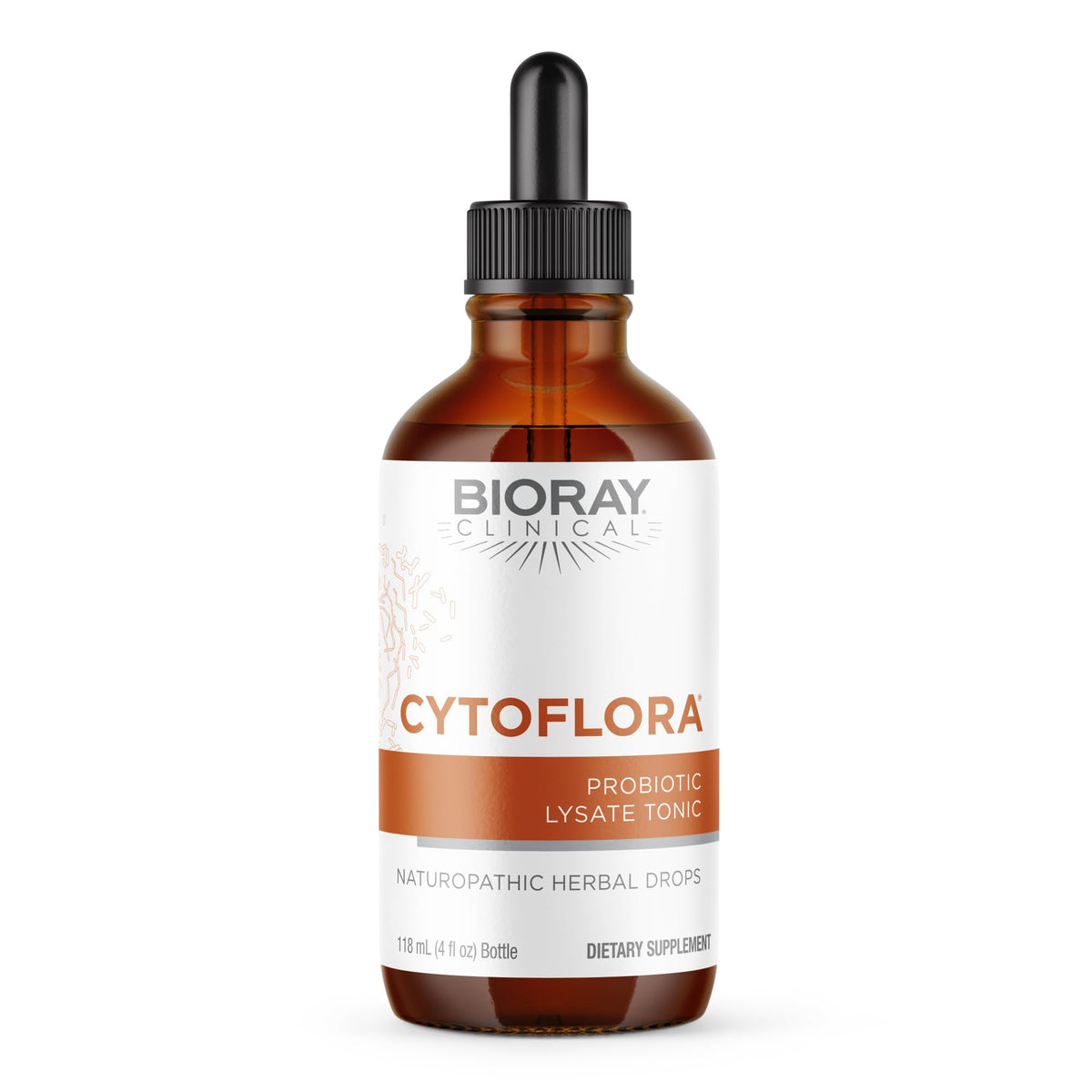 BIORAY CytoFlora bottle label shows the professional probiotic tincture for immunity support