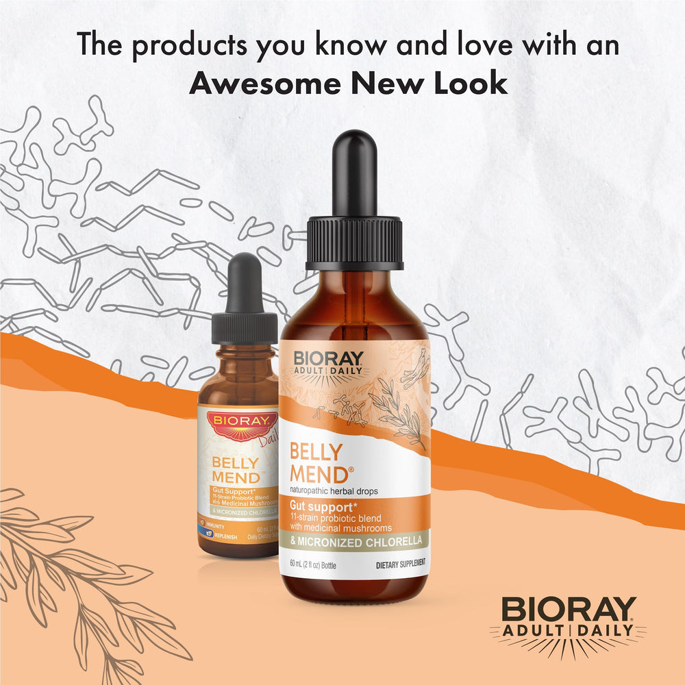 BIORAY Daily Belly Mend dropper shows precise dosing for gut support