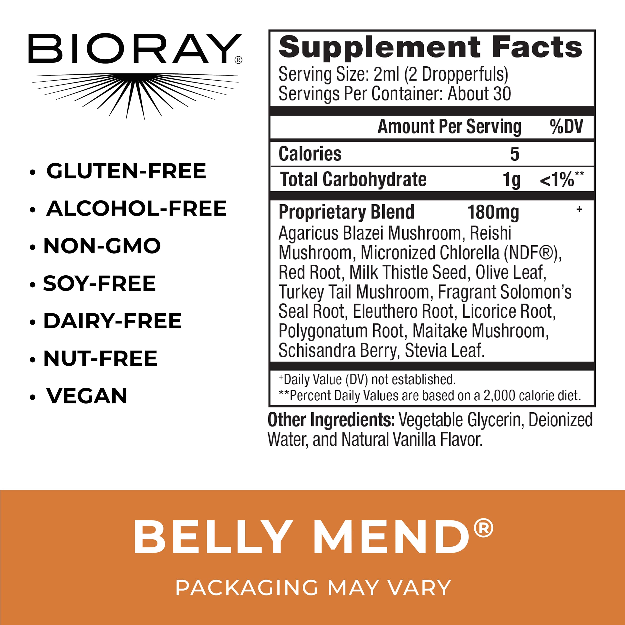 BIORAY Daily Belly Mend label highlights the probiotic blend and medicinal mushrooms
