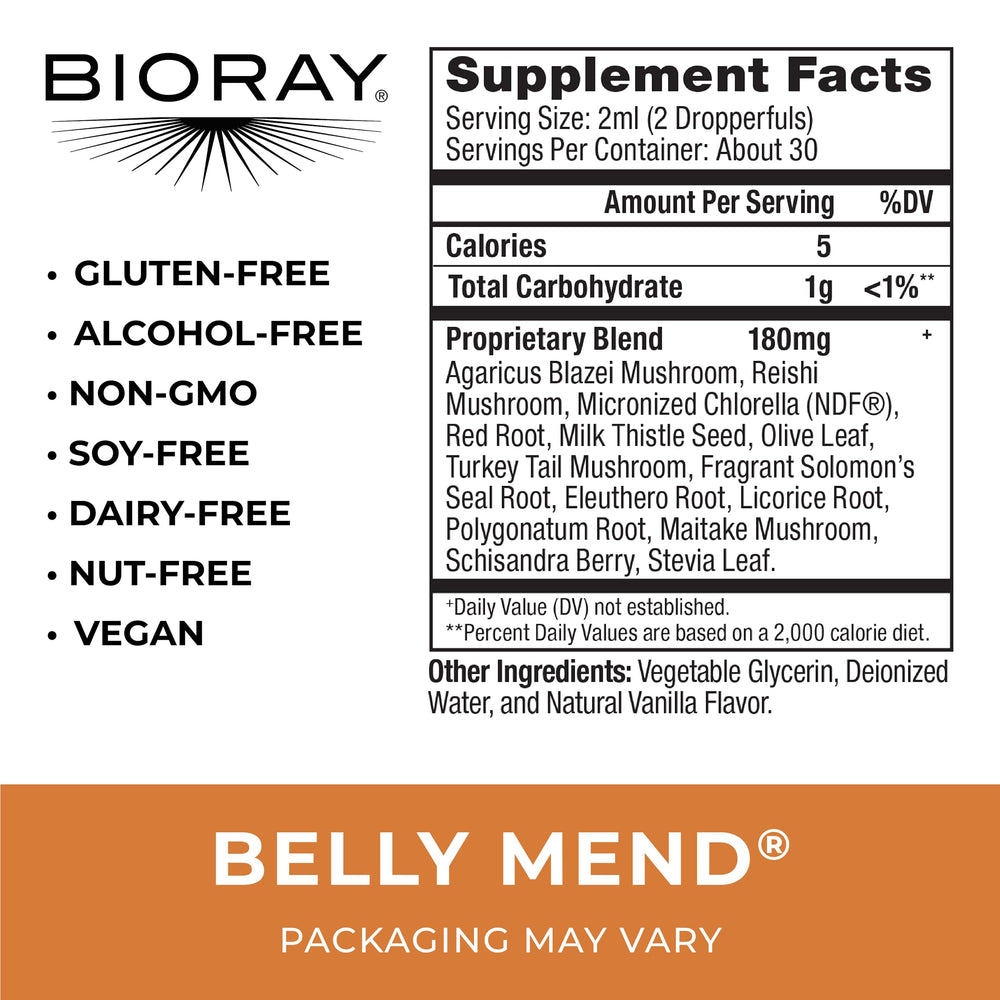 BIORAY Daily Belly Mend label highlights the probiotic blend and medicinal mushrooms