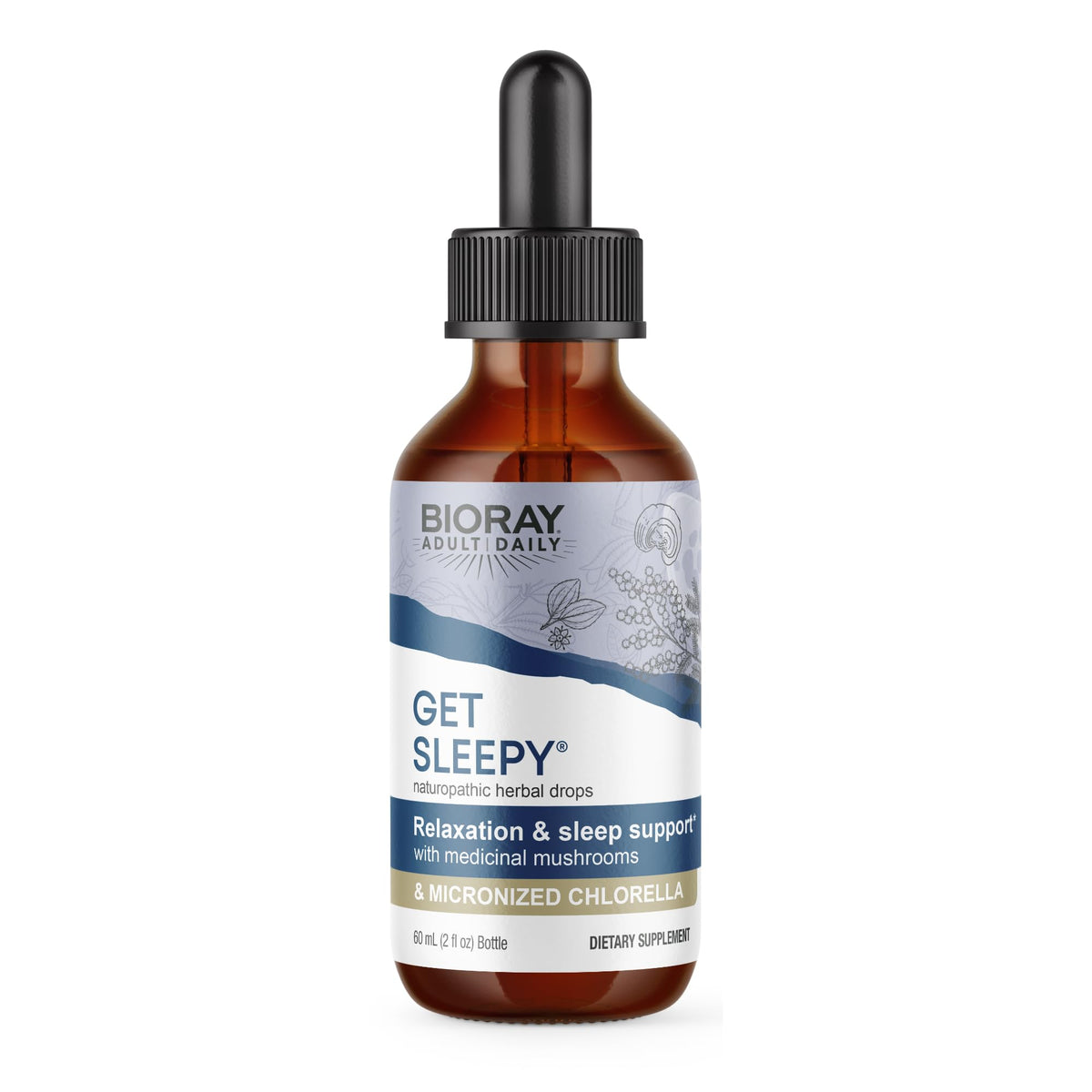 BIORAY Daily Get Sleepy bottle showing relaxation formula for restful nights