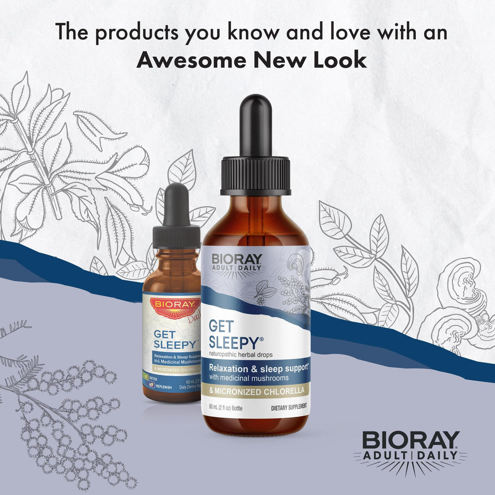 BIORAY Daily Get Sleepy ingredients like medicinal mushrooms and chlorella for natural calm before bed