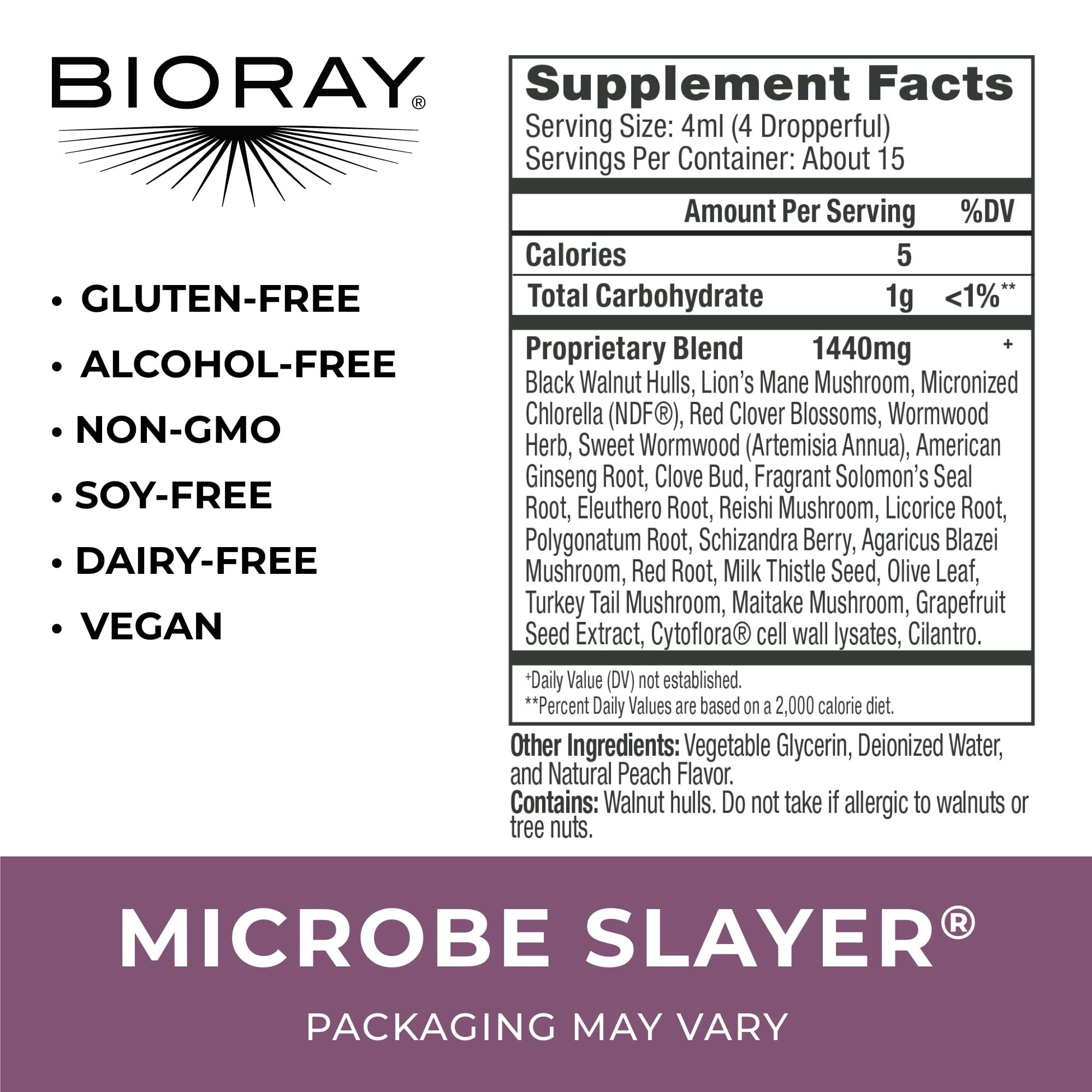 BIORAY Daily Microbe Slayer label close-up aids calm digestion and liver nourishment.