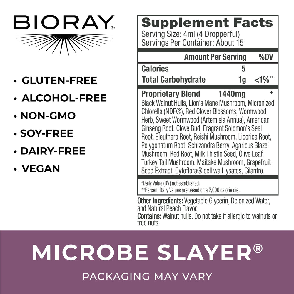 BIORAY Daily Microbe Slayer label close-up aids calm digestion and liver nourishment.
