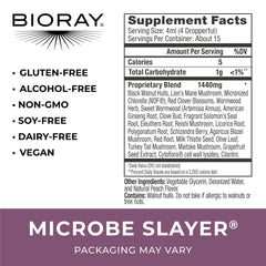 BIORAY Daily Microbe Slayer label close-up aids calm digestion and liver nourishment.