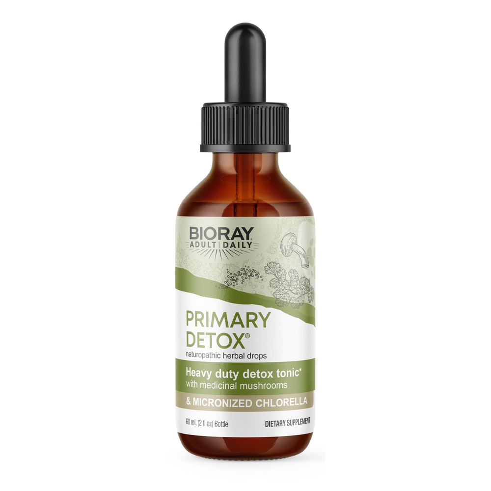 BIORAY Daily Primary Detox bottle on a clean counter, highlighting daily vitality.