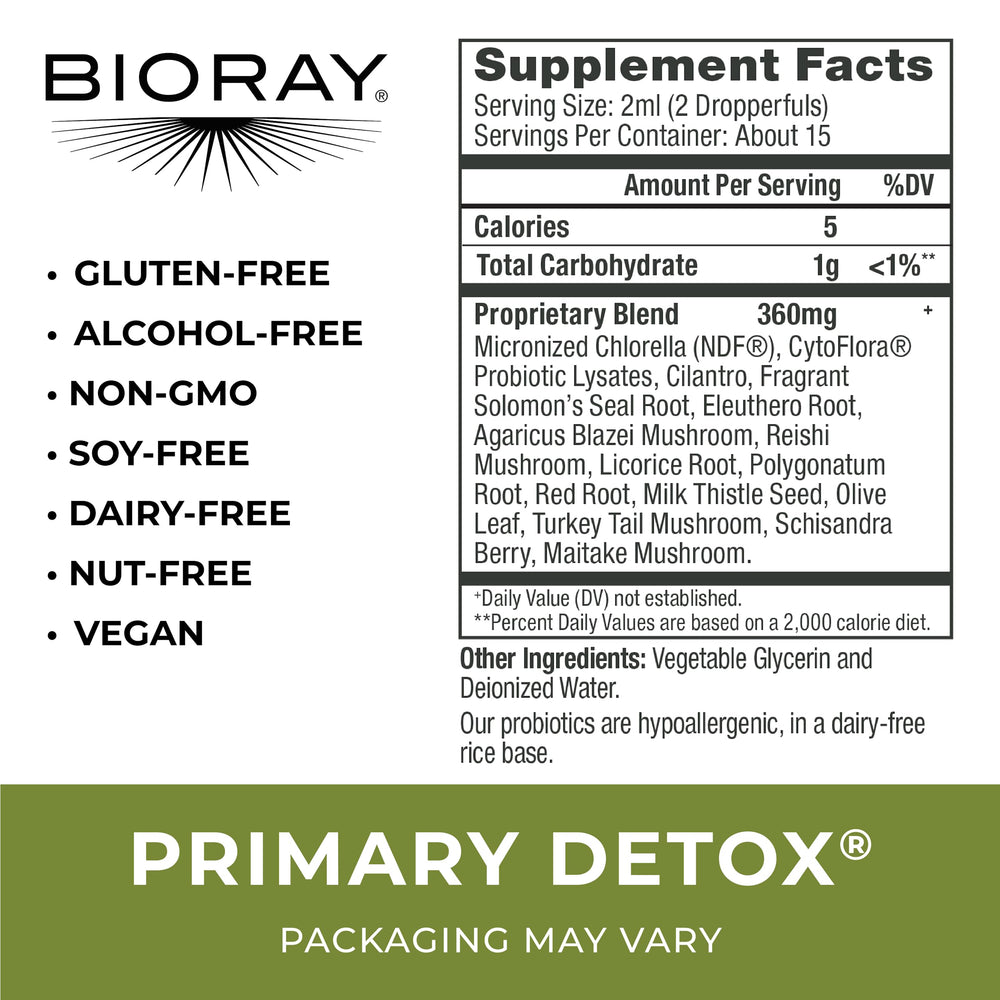 BIORAY Daily Primary Detox dropper pouring, ideal for easy daily routines.