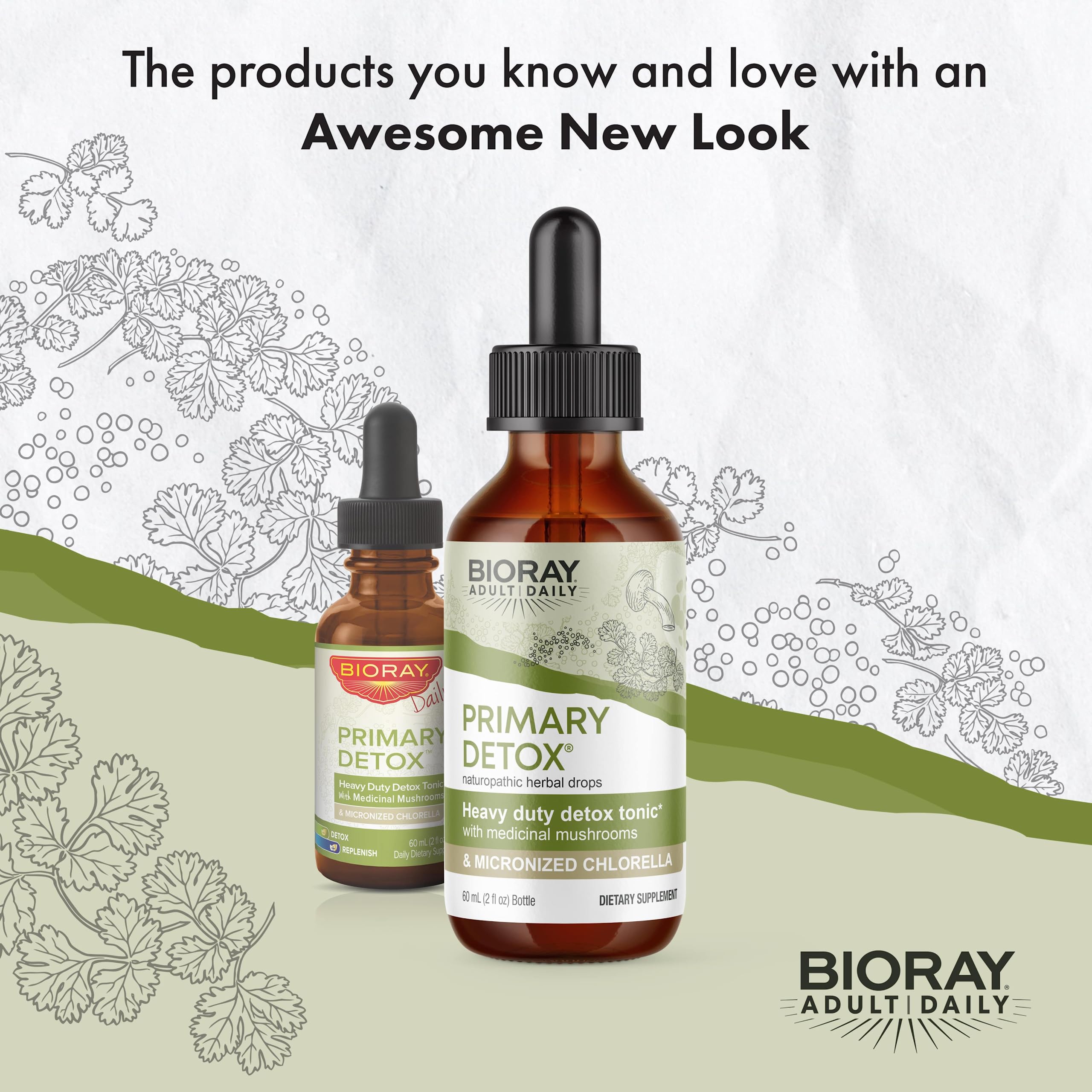 BIORAY Daily Primary Detox ingredients featuring organic mushrooms and chlorella.
