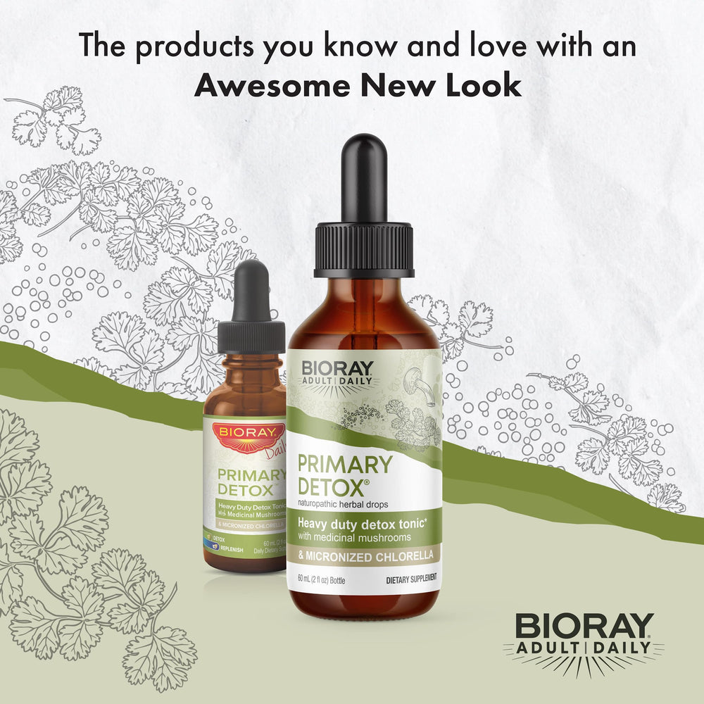 BIORAY Daily Primary Detox ingredients featuring organic mushrooms and chlorella.