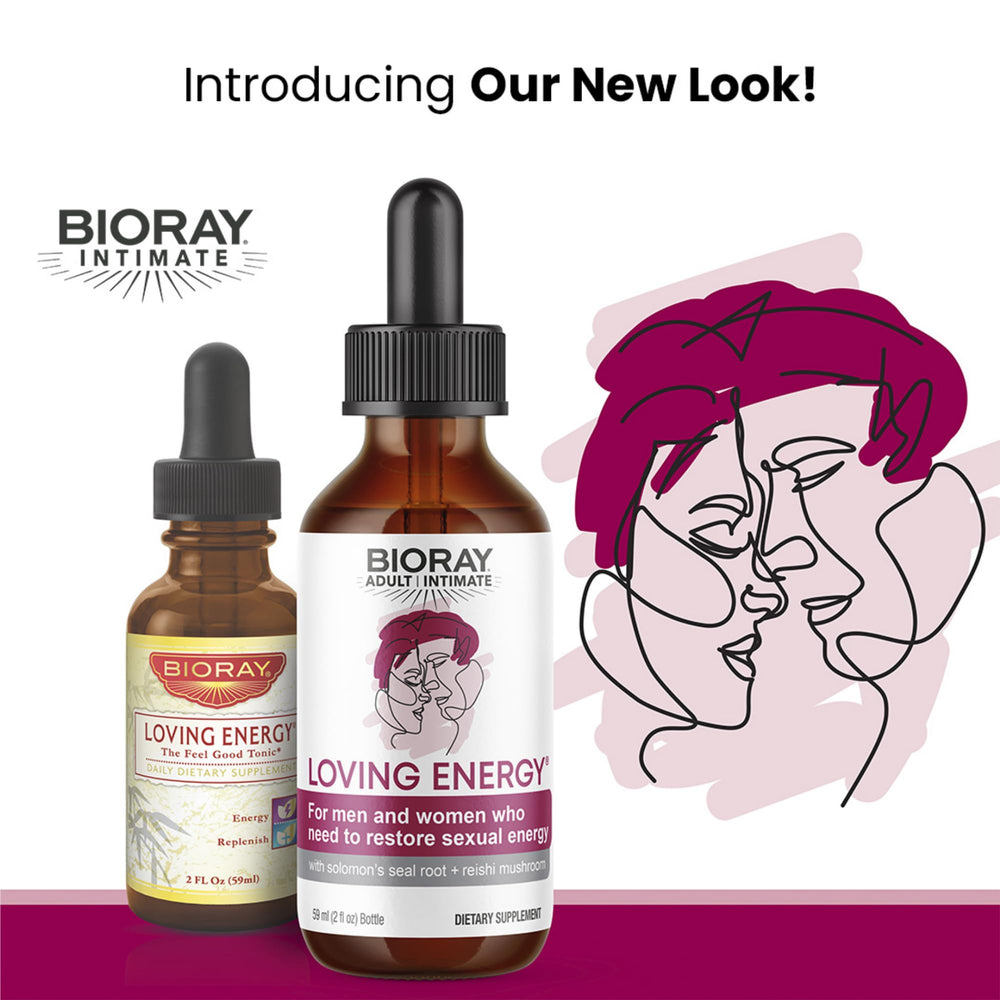 BIORAY Intimate Loving Energy bottle closeup showing tincture droplets for easy use