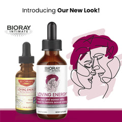 BIORAY Intimate Loving Energy bottle closeup showing tincture droplets for easy use