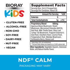 BIORAY Kids NDF Calm label close-up highlighting ingredients for wellness.