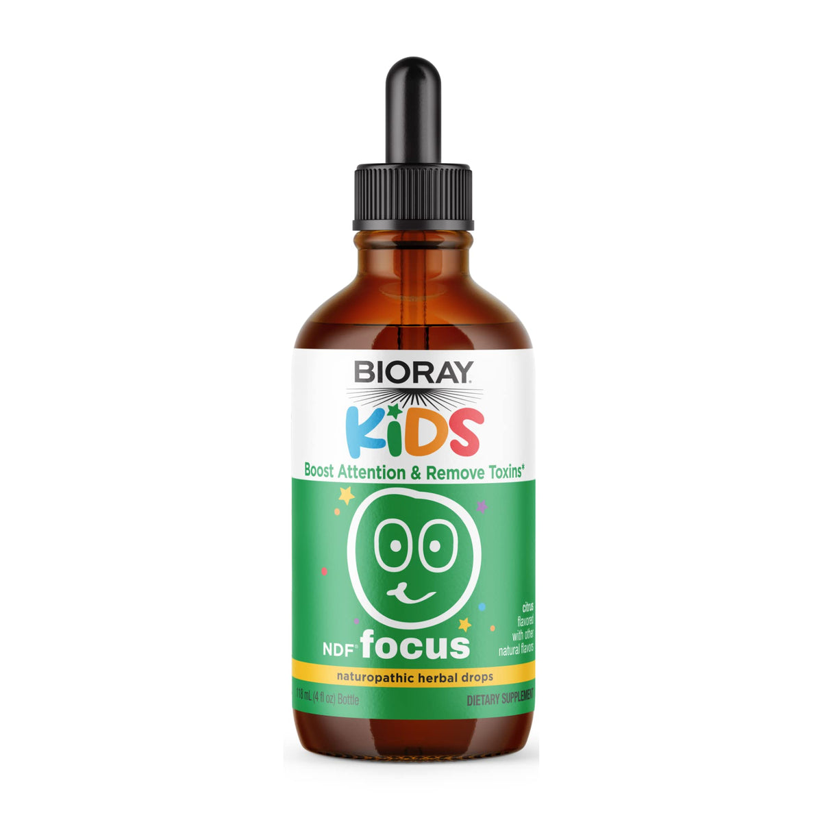 BIORAY Kids NDF Focus Citrus bottle shown for daily focus and steady energy.