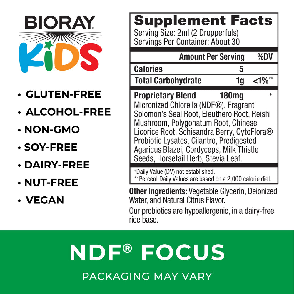 BIORAY Kids NDF Focus Citrus dropper enables precise dosing before activities.