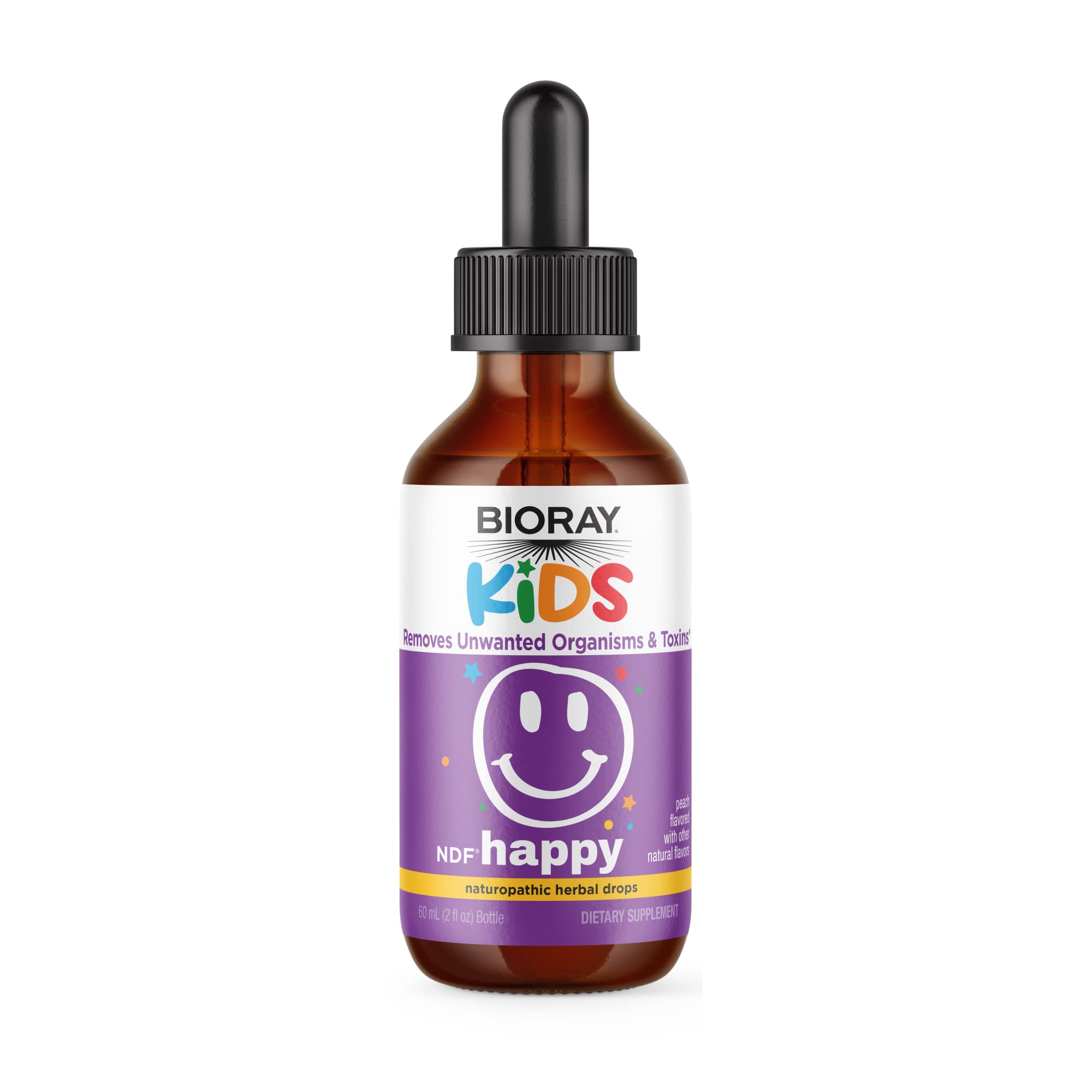 BIORAY Kids NDF Happy peach bottle label — toxin-binding formula for gentle support
