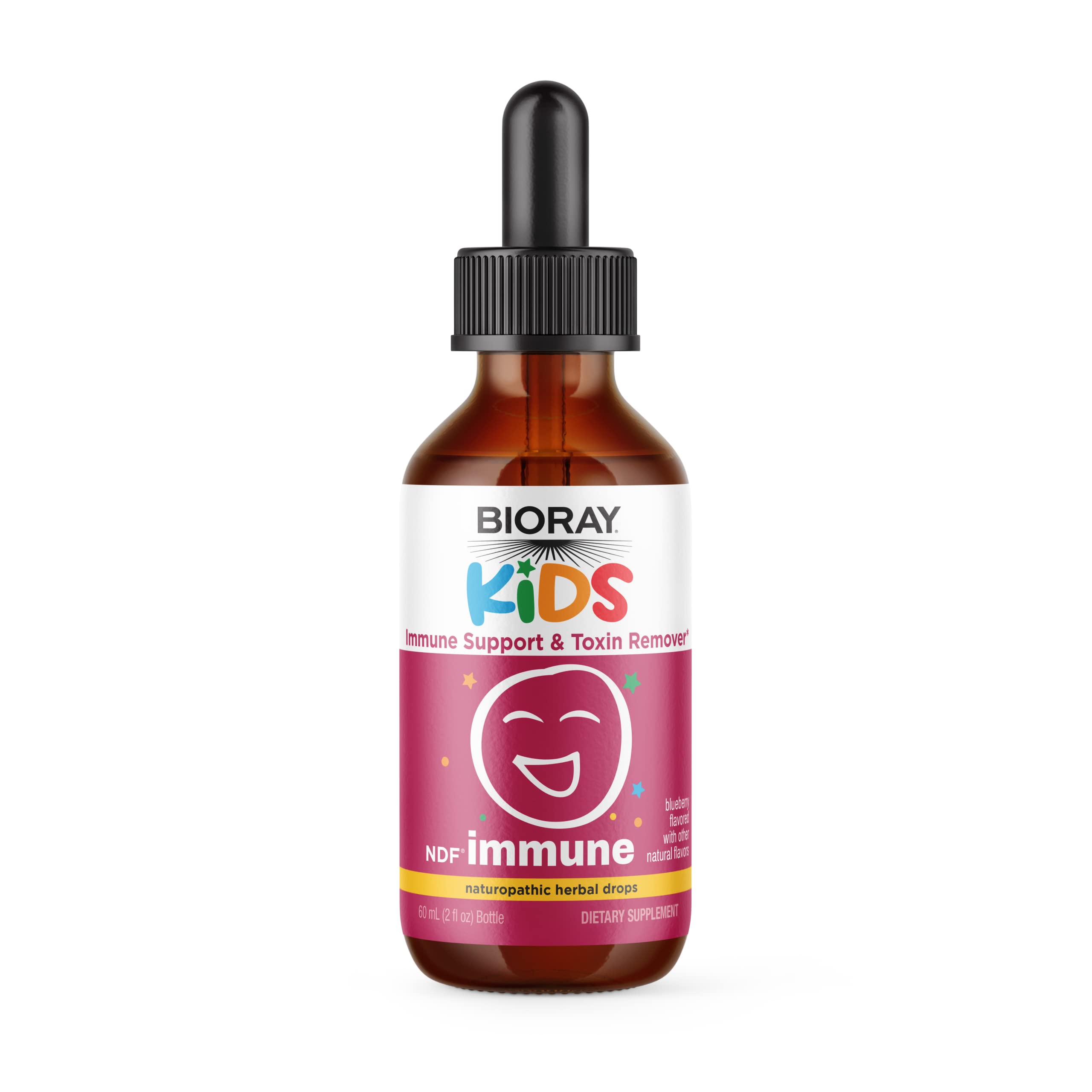 BIORAY Kids NDF Immune Blueberry bottle highlighting immune support and toxin removal potential.