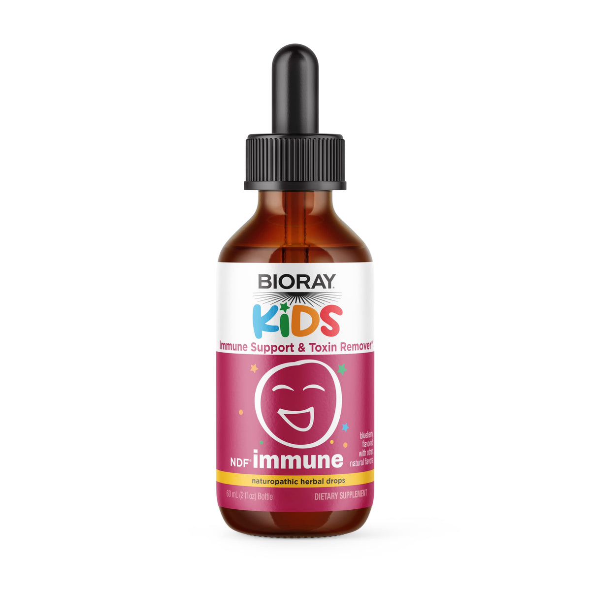 BIORAY Kids NDF Immune Blueberry bottle highlighting immune support and toxin removal potential.