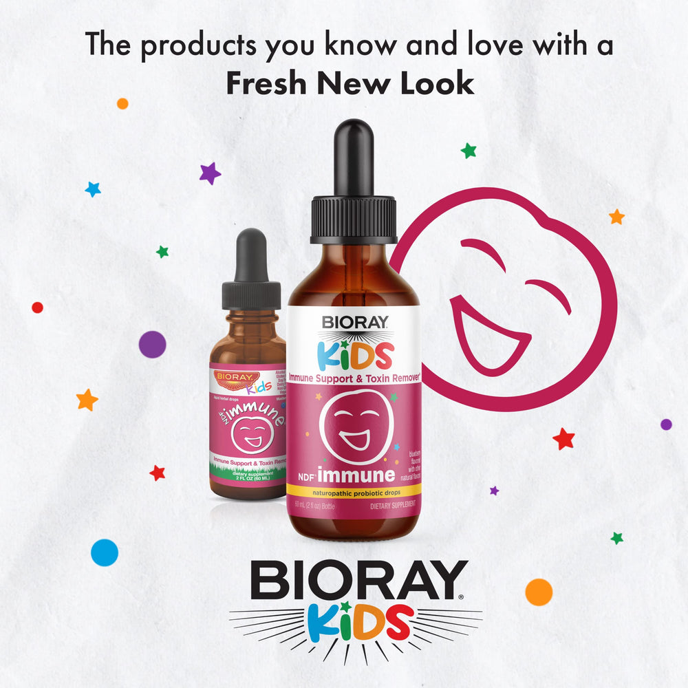 BIORAY Kids NDF Immune dosing spoon image showing easy administration and blueberry flavor.