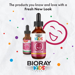 BIORAY Kids NDF Immune dosing spoon image showing easy administration and blueberry flavor.