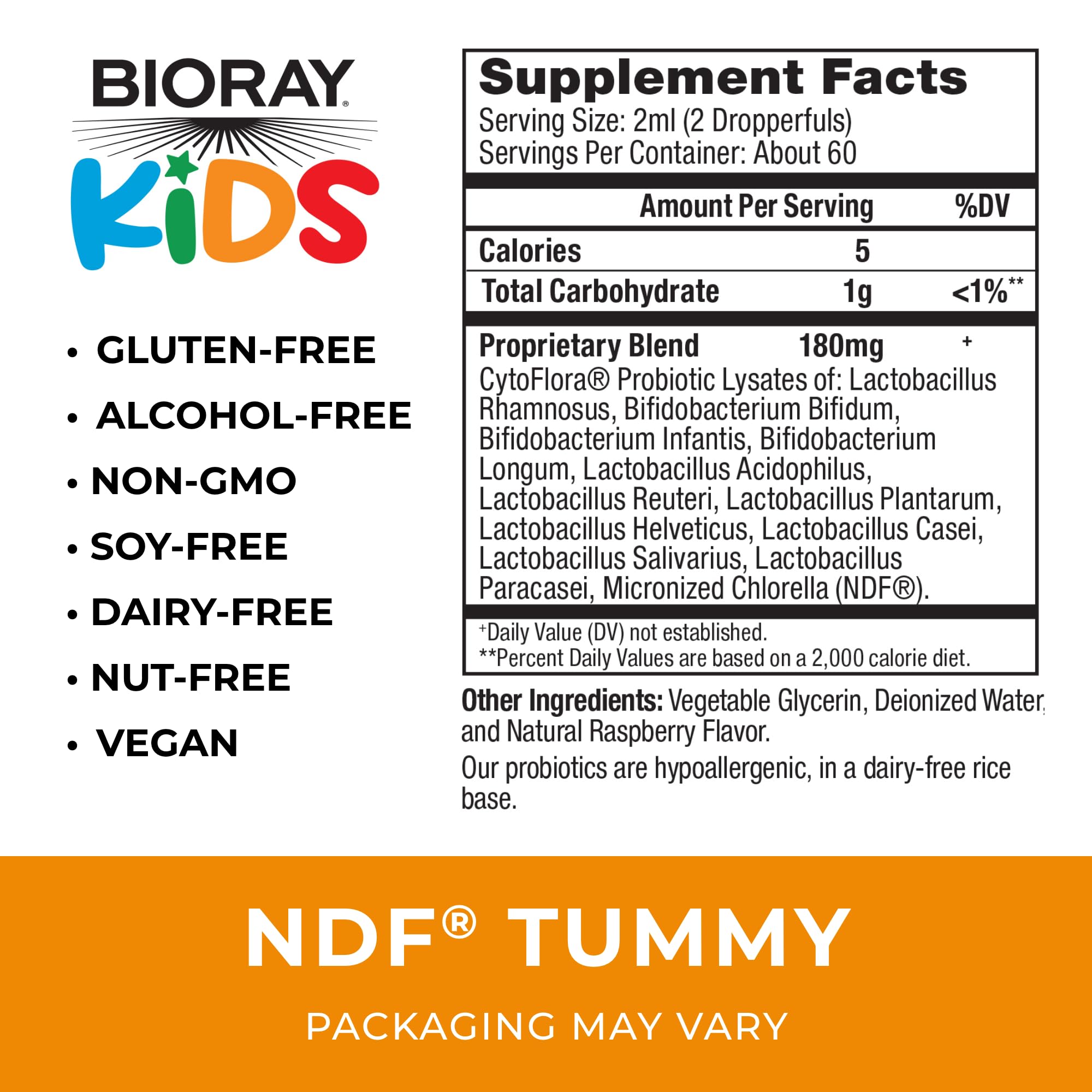 BIORAY Kids NDF Tummy Raspberry label close-up with ingredients and dietary notes.