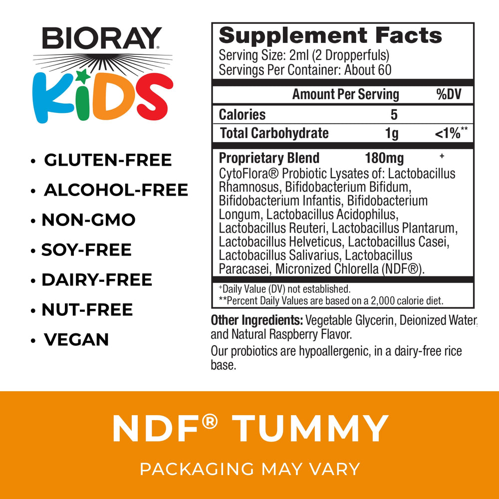 BIORAY Kids NDF Tummy Raspberry label close-up with ingredients and dietary notes.