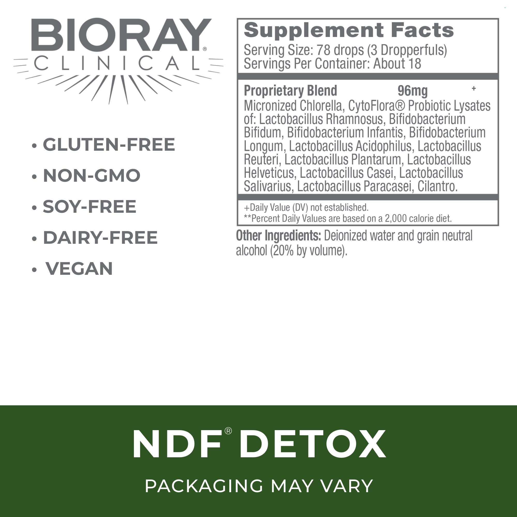 BIORAY NDF dropper bottle pouring tincture for focus.