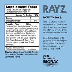 BIORAY RAYZ All Systems Glow bottle label close-up for easy teen supplement recognition.