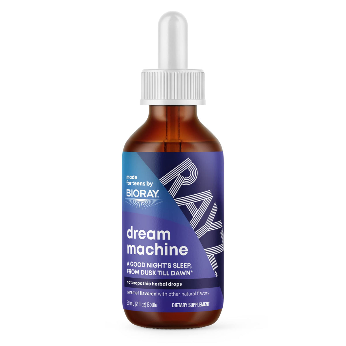 BIORAY RAYZ Dream Machine bottle with caramel flavor for teen relaxation support.