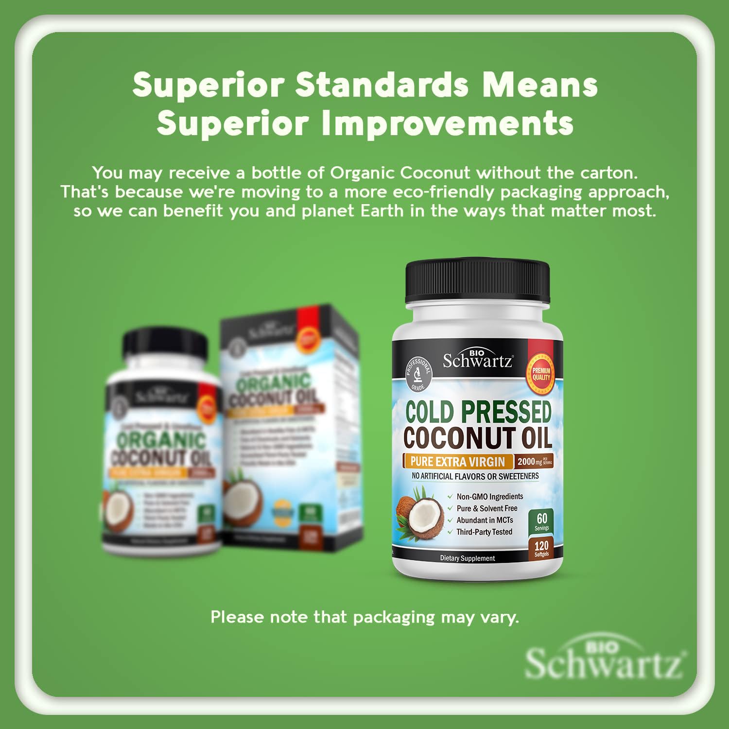 BioSchwartz coconut oil softgels close-up highlighting 2000mg potency and clean formulation.