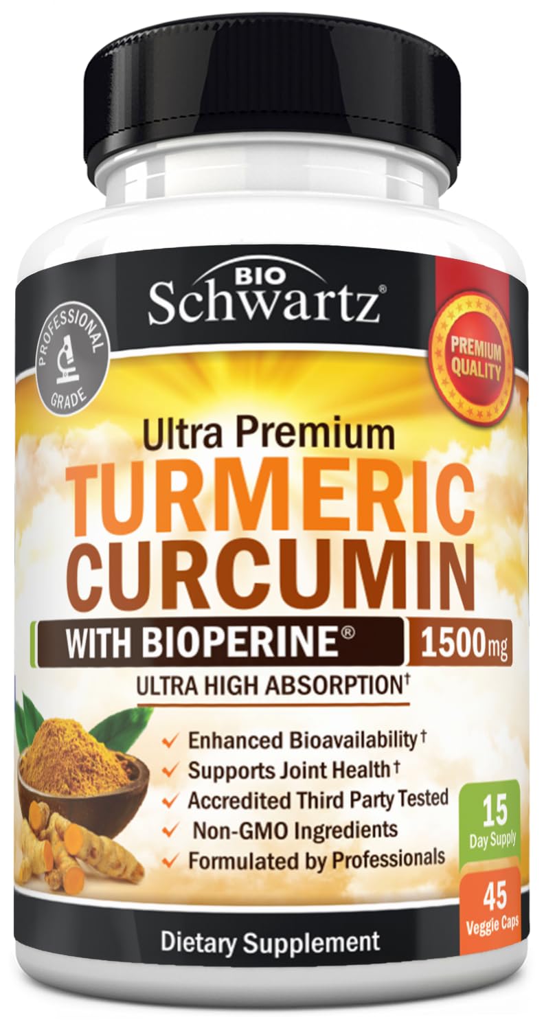 BioSchwartz Turmeric Curcumin bottle showcases 1500mg potency for joint support and high absorption.