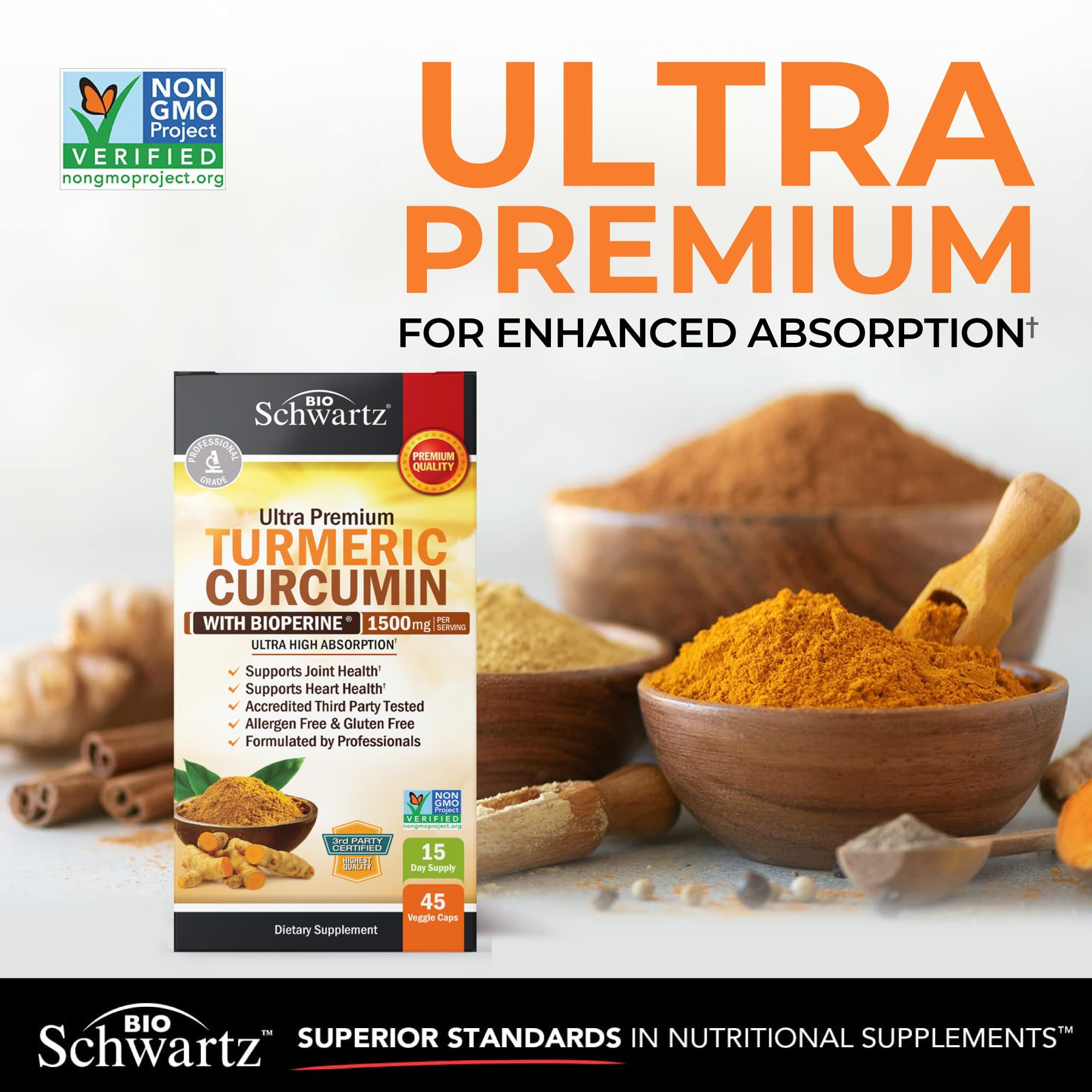 BioSchwartz Turmeric Curcumin with BioPerine label emphasizes enhanced absorption.