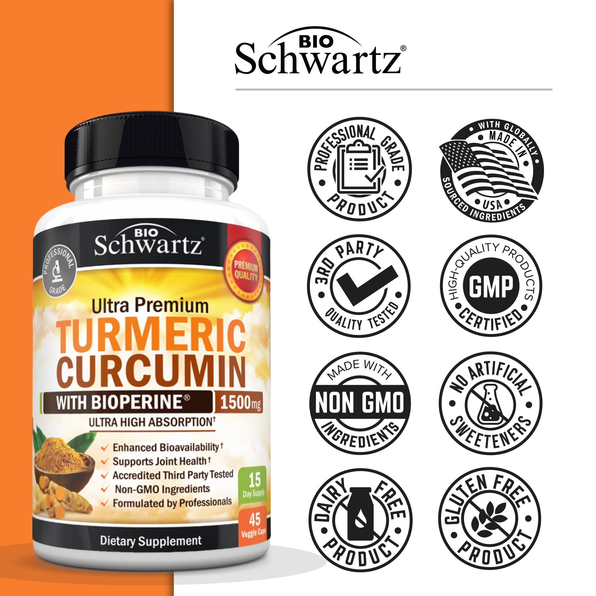 BioSchwartz Turmeric Curcumin capsules with glass of water for easy intake.