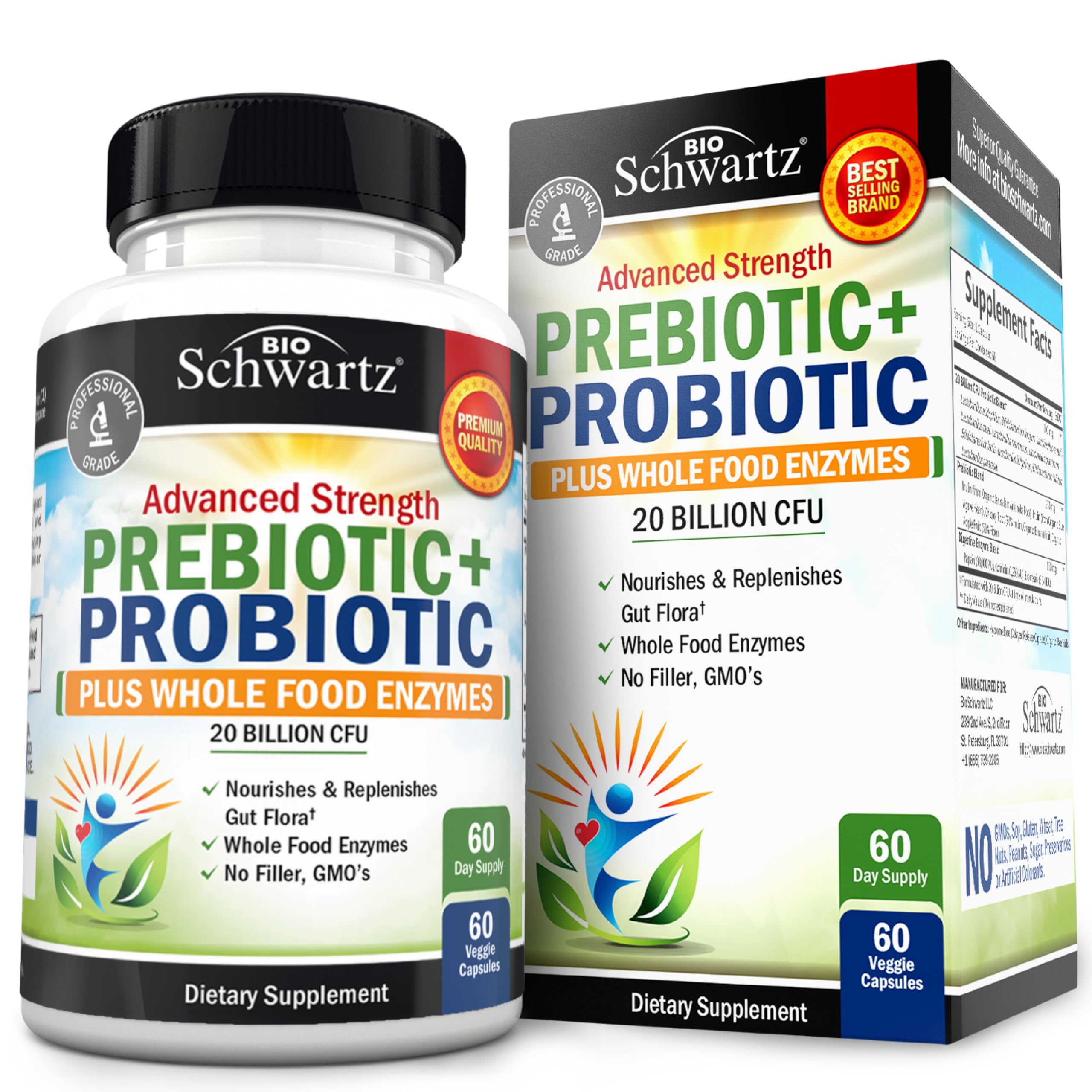 BioSchwartz Advanced Prebiotic-Probiotic bottle supports digestive balance.