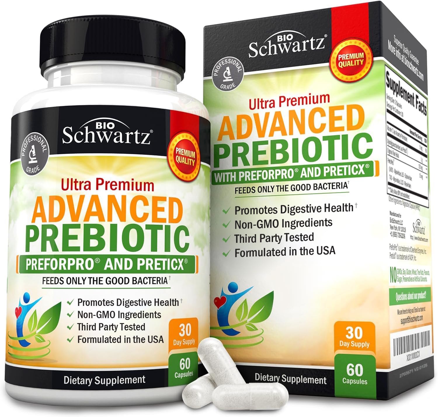 BioSchwartz Advanced Prebiotics bottle pour for easy daily use and gut-friendly support.