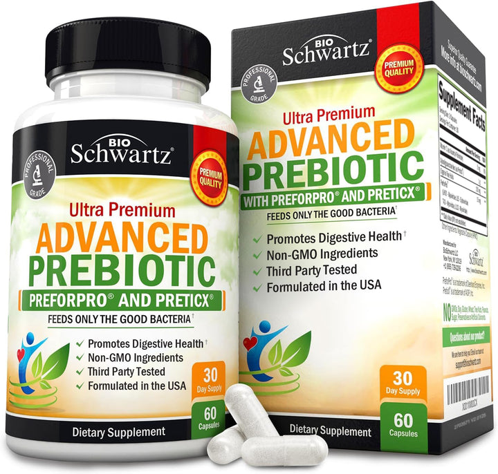 BioSchwartz Advanced Prebiotics bottle pour for easy daily use and gut-friendly support.