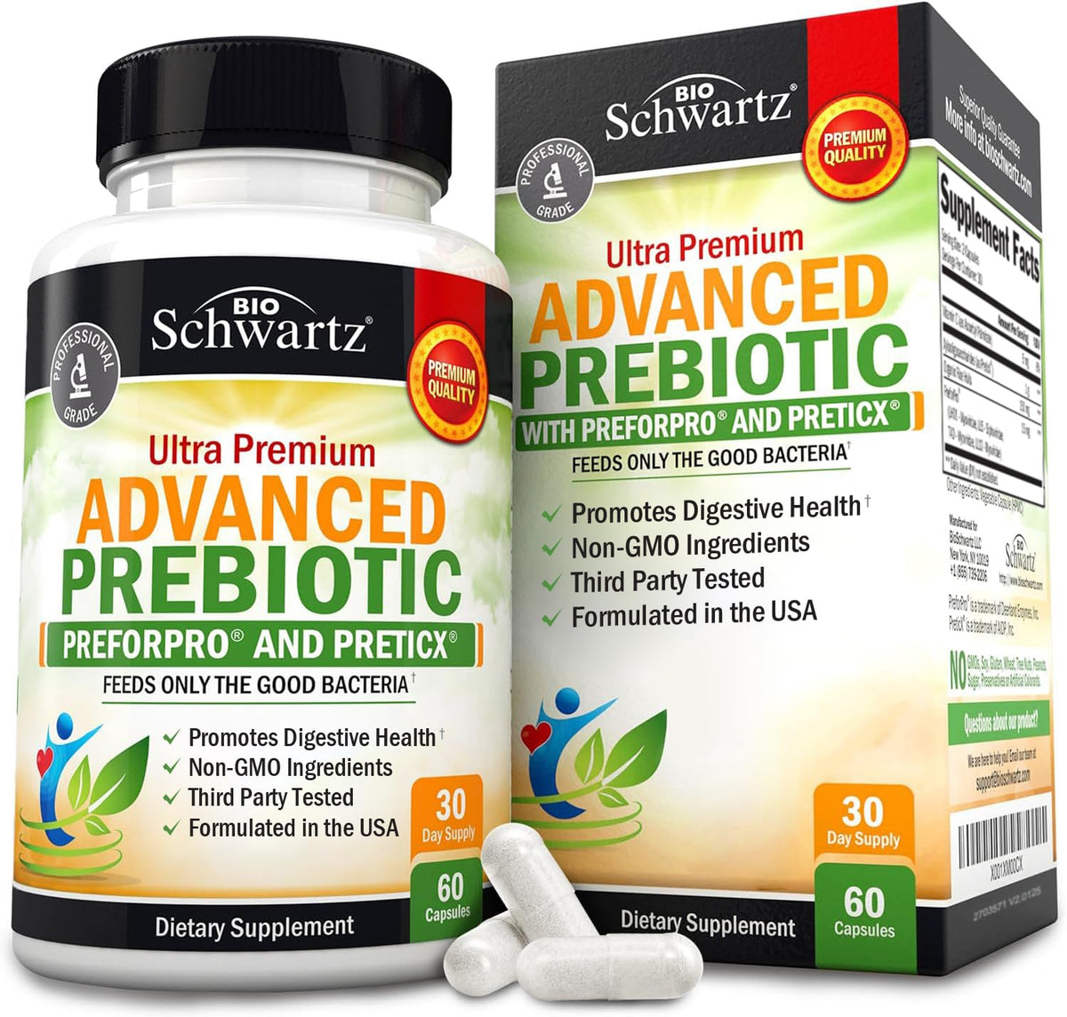 BioSchwartz Advanced Prebiotics bottle pour for easy daily use and gut-friendly support.