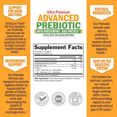 BioSchwartz Advanced Prebiotics label close-up showing key ingredients and branding.