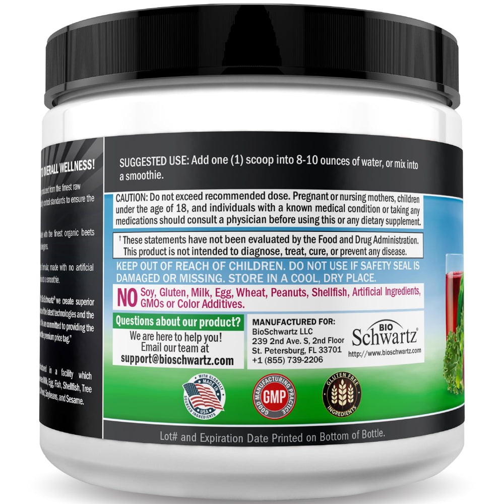 BioSchwartz Beet Root Powder bottle label highlighting purity and allergen-free formula