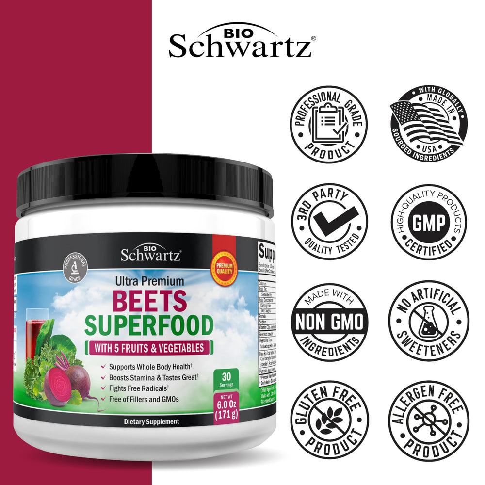 Nearby organic fruits and vegetables accompany BioSchwartz Beet Root Powder