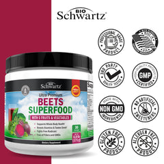 Nearby organic fruits and vegetables accompany BioSchwartz Beet Root Powder