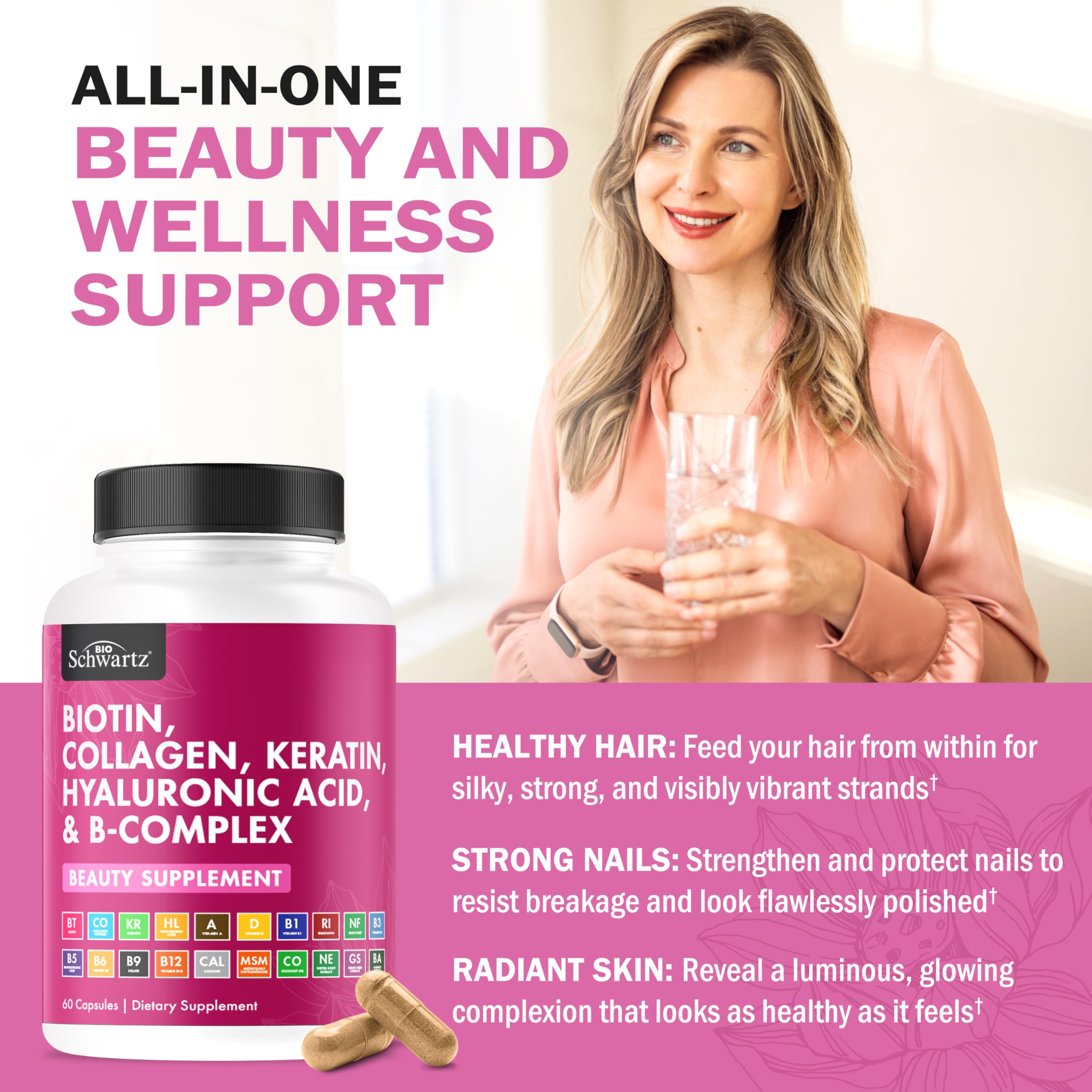 BioSchwartz biotin capsules closeup highlights convenient daily beauty support