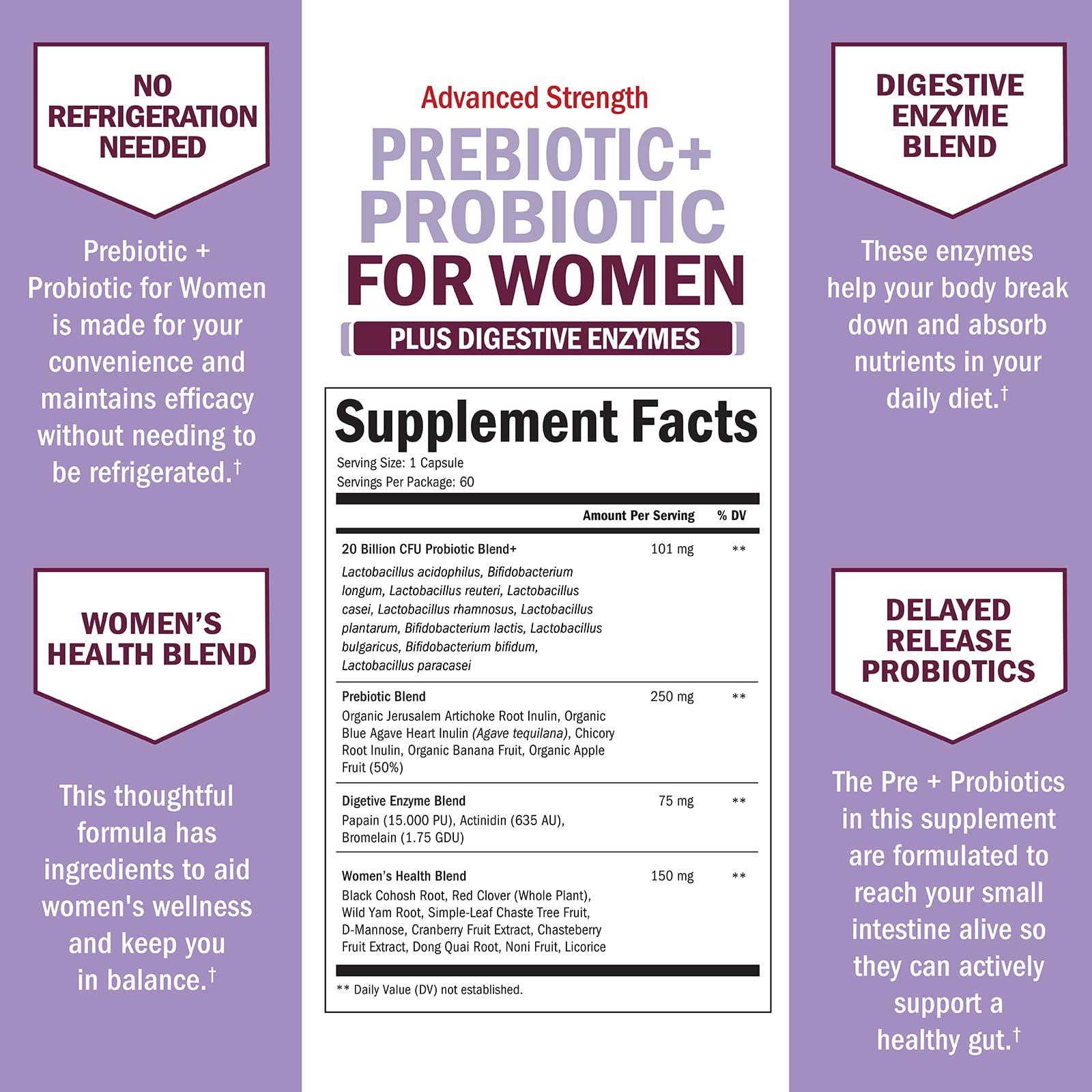 Herbal blend with black cohosh and red clover enhances the women's wellness formula